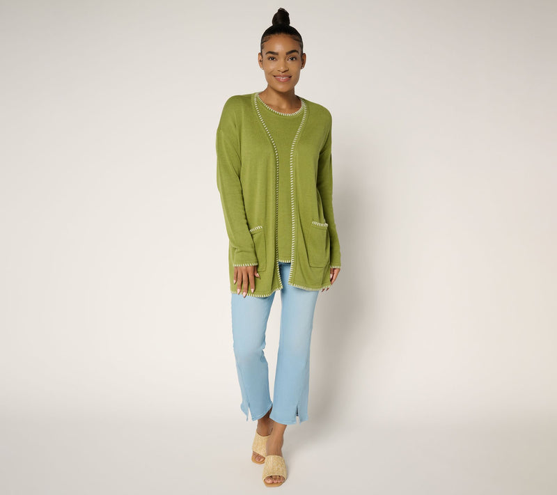 Belle by Kim Gravel Petite Blanket Stitch Open Front Tunic Cradigan — View 15