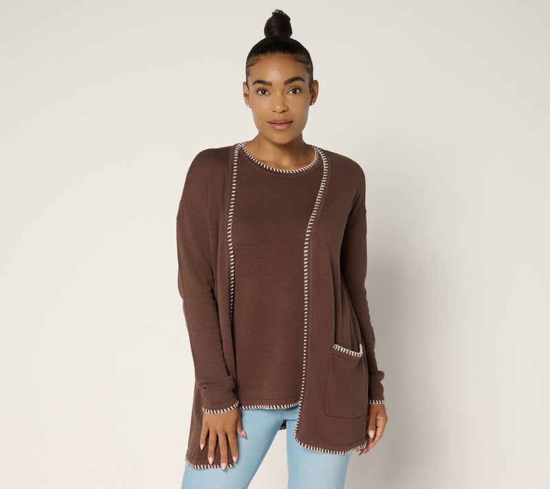 Belle by Kim Gravel Petite Blanket Stitch Open Front Tunic Cradigan — View 7