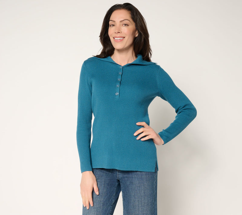Belle by Kim Gravel Enamel Button Ribbed Henley Sweater — View 16