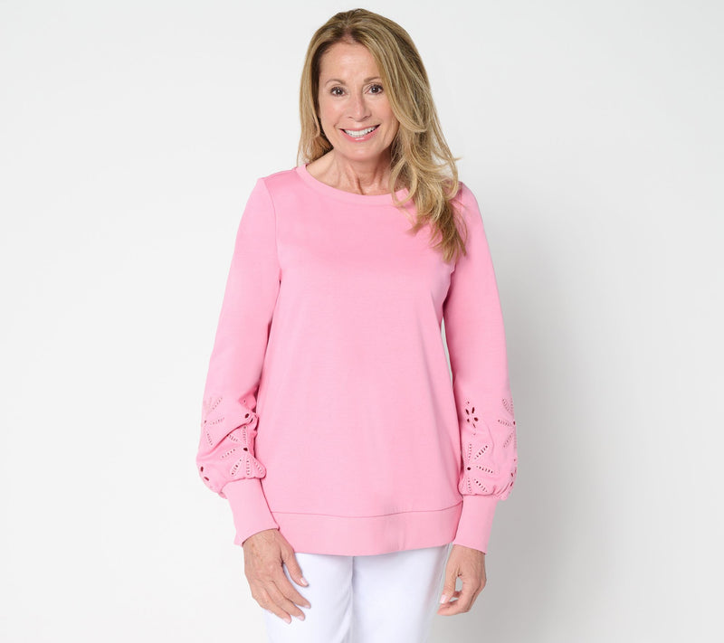 Belle by Kim Gravel Floral Eyelet Sleeve Sweatshirt — View 14