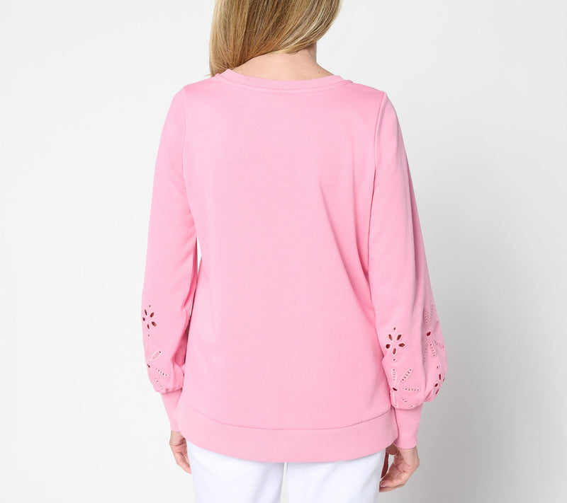 Belle by Kim Gravel Floral Eyelet Sleeve Sweatshirt — View 8