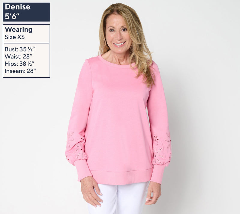 Belle by Kim Gravel Floral Eyelet Sleeve Sweatshirt — View 7