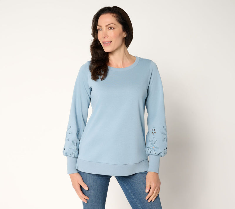 Belle by Kim Gravel Floral Eyelet Sleeve Sweatshirt — View 5