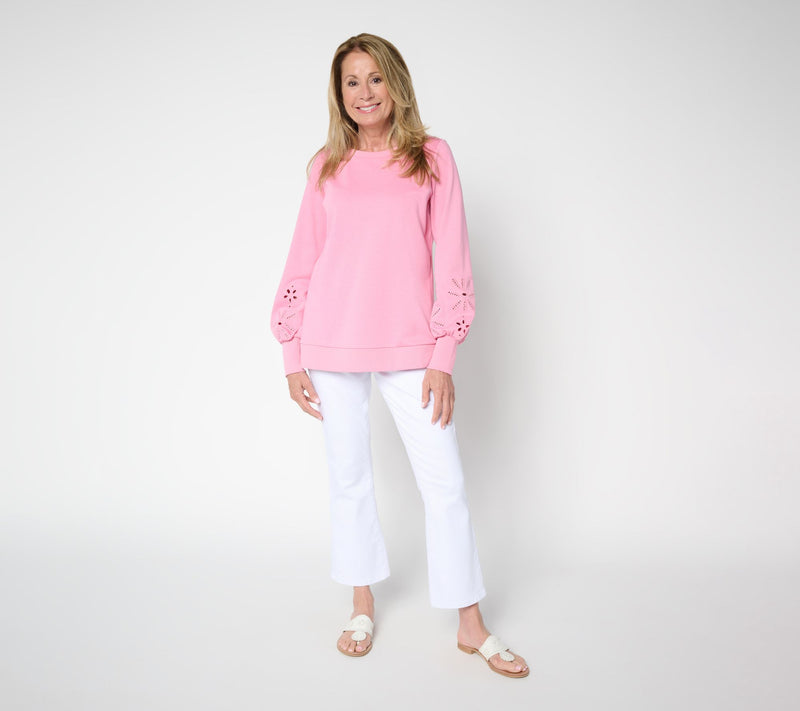 Belle by Kim Gravel Floral Eyelet Sleeve Sweatshirt — View 9
