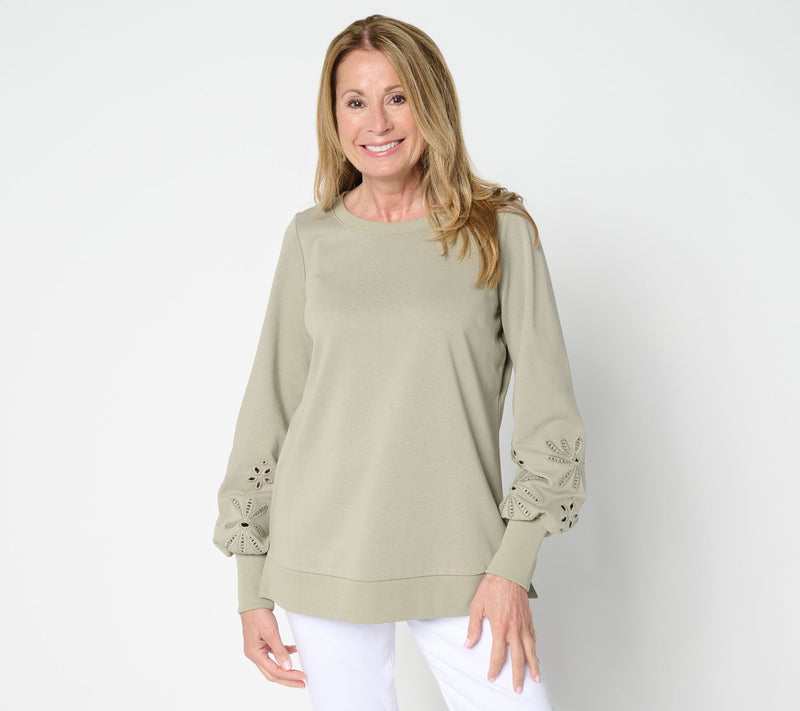 Belle by Kim Gravel Floral Eyelet Sleeve Sweatshirt — View 16