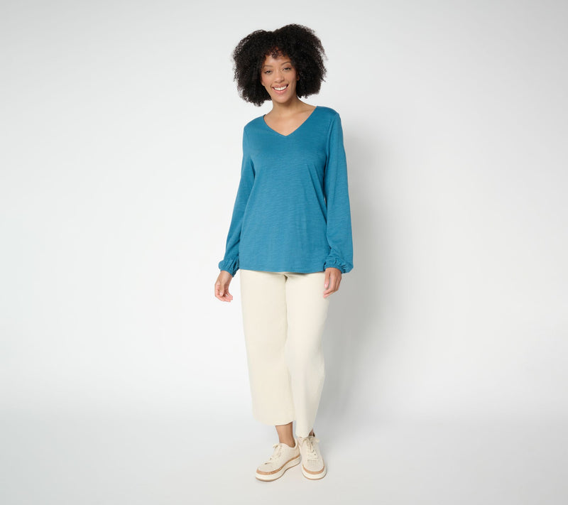 Belle by Kim Gravel Slub Knit V Neck Blouson Sleeve Top — View 5