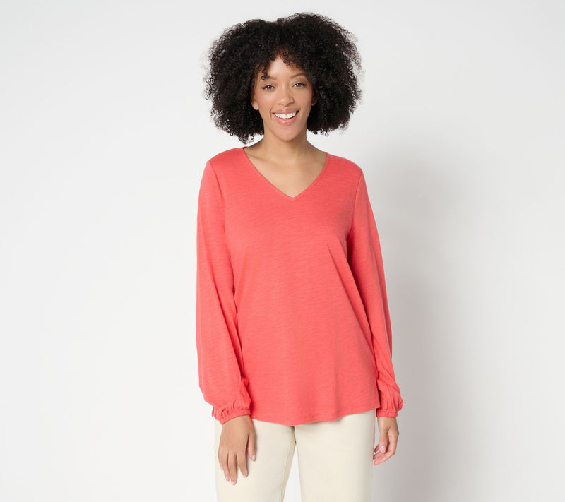 Belle by Kim Gravel Slub Knit V Neck Blouson Sleeve Top — View 14