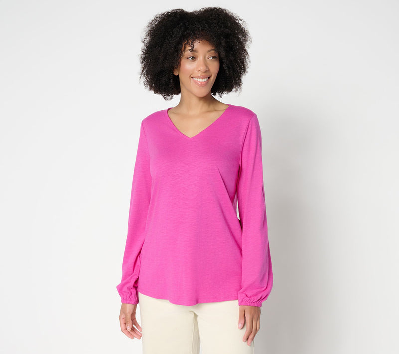 Belle by Kim Gravel Slub Knit V Neck Blouson Sleeve Top — View 15