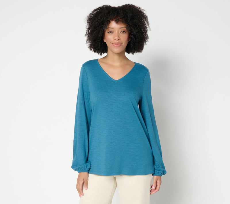 Belle by Kim Gravel Slub Knit V Neck Blouson Sleeve Top — Main view