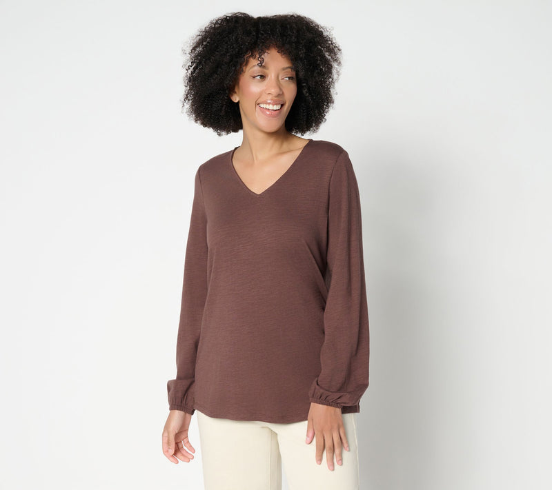 Belle by Kim Gravel Slub Knit V Neck Blouson Sleeve Top — View 16