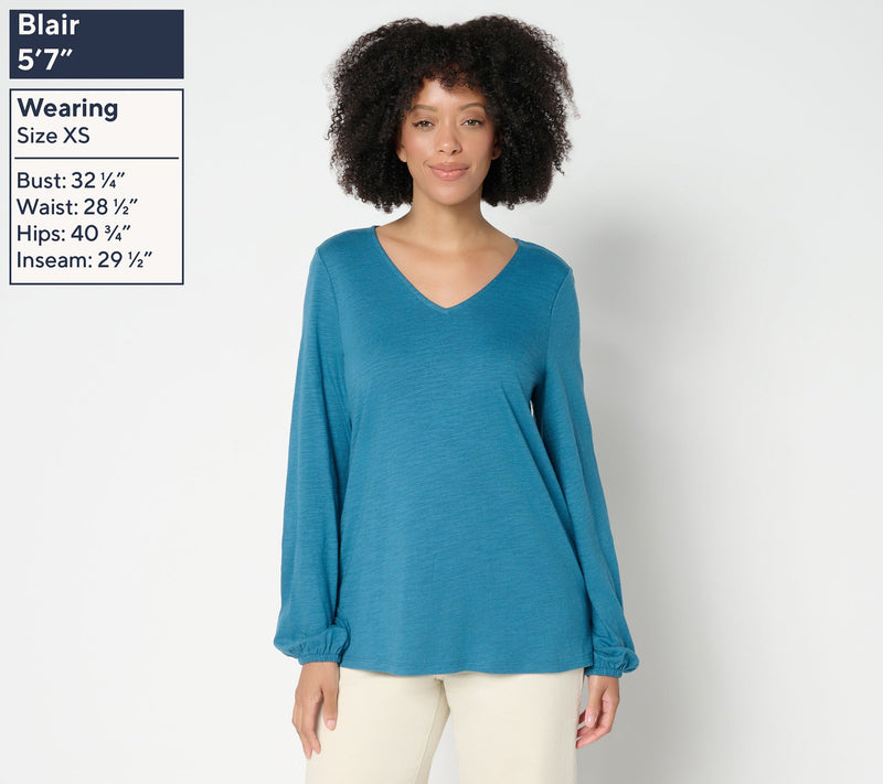 Belle by Kim Gravel Slub Knit V Neck Blouson Sleeve Top — View 3