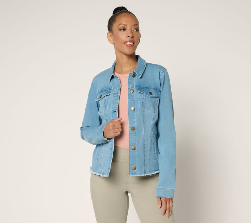Belle by Kim Gravel Classic Frayed Hem Jean Jacket — View 11