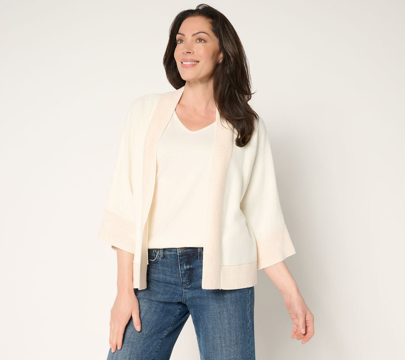 Belle Boho by Kim Gravel Border Trim Open Front Cardigan — View 13