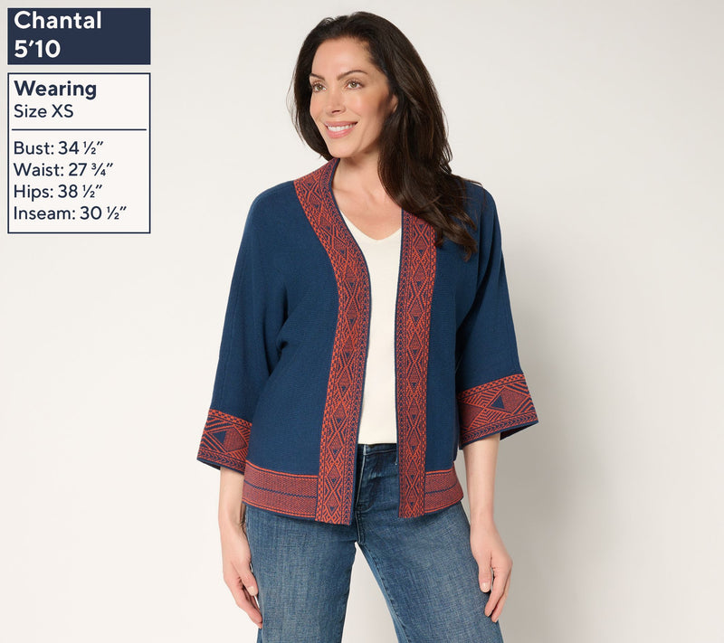 Belle Boho by Kim Gravel Border Trim Open Front Cardigan — View 3