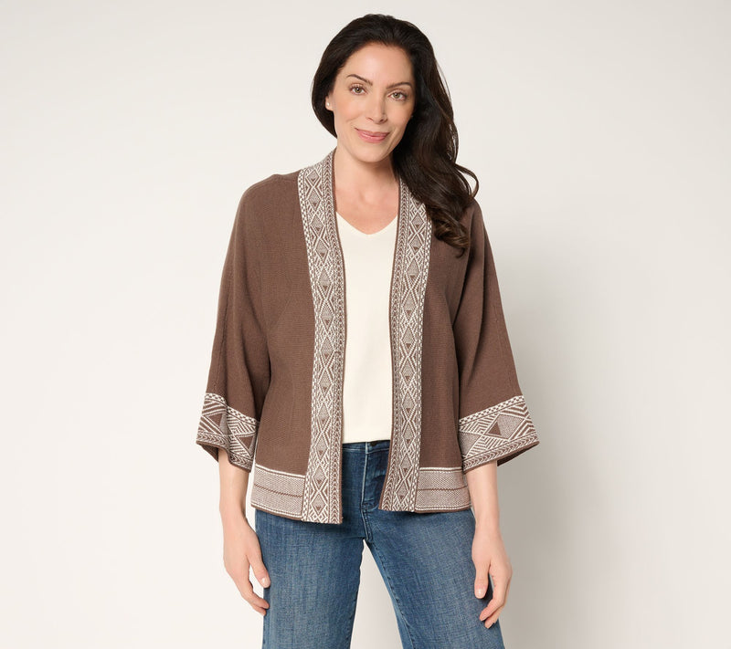 Belle Boho by Kim Gravel Border Trim Open Front Cardigan — View 16