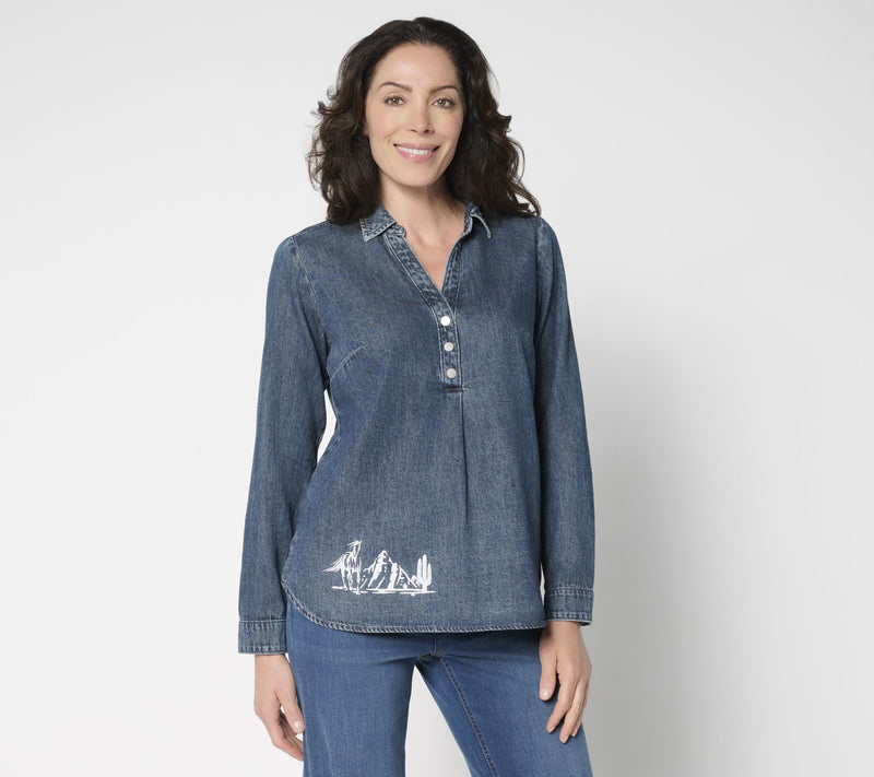 Denim & Co. Canyon Retreat 100% Cotton Placed Print Denim Shirt — Main view