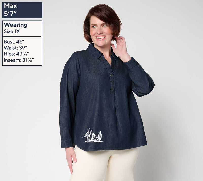 Denim & Co. Canyon Retreat 100% Cotton Placed Print Denim Shirt — View 4