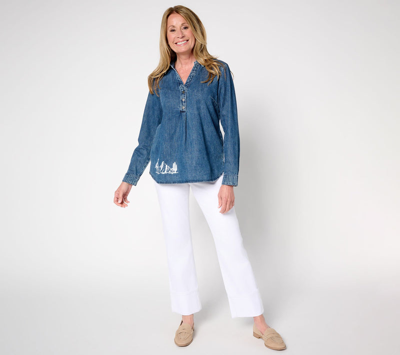 Denim & Co. Canyon Retreat 100% Cotton Placed Print Denim Shirt — View 7