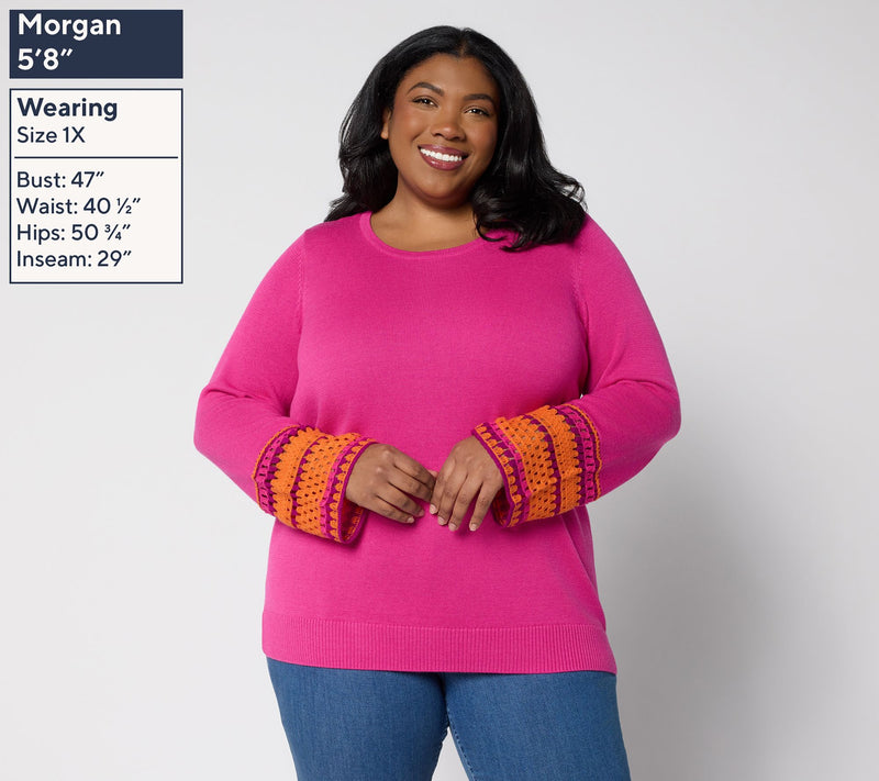 Belle Boho by Kim Gravel Crochet Cuff Scoop Neck Sweater — View 12