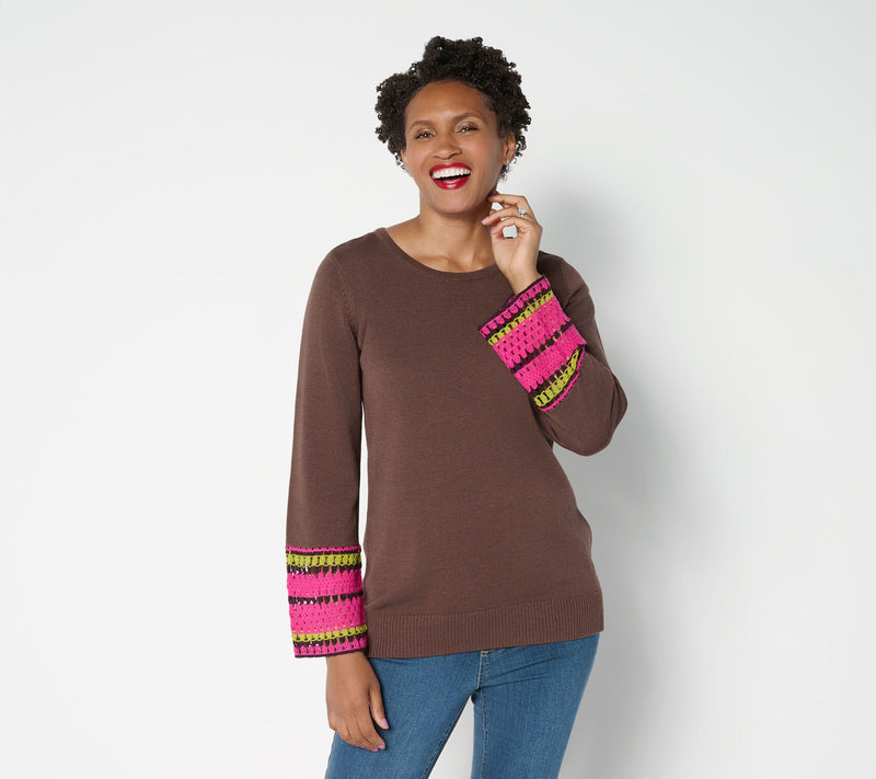 Belle Boho by Kim Gravel Crochet Cuff Scoop Neck Sweater — View 5