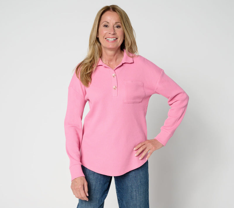 Belle by Kim Gravel Micro Waffle Horn Button Henley Top — View 15