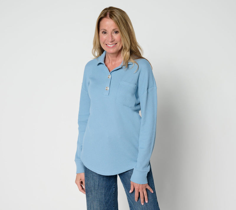Belle by Kim Gravel Micro Waffle Horn Button Henley Top — View 16
