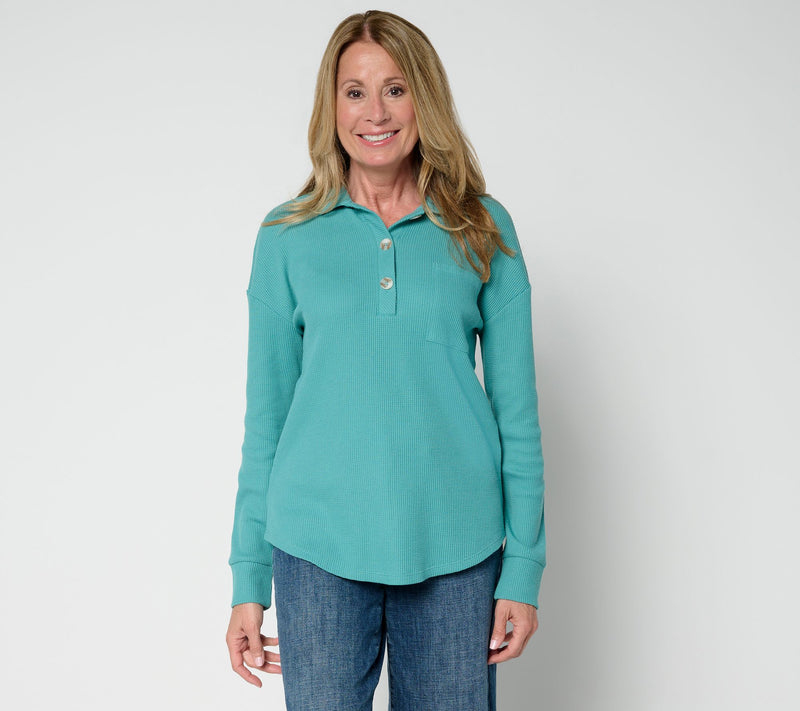 Belle by Kim Gravel Micro Waffle Horn Button Henley Top — View 18