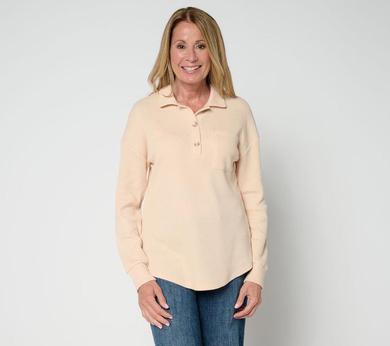 Belle by Kim Gravel Micro Waffle Horn Button Henley Top — View 19