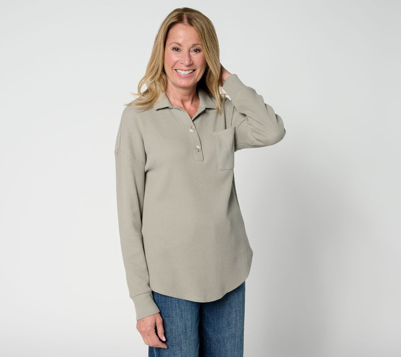 Belle by Kim Gravel Micro Waffle Horn Button Henley Top — View 20