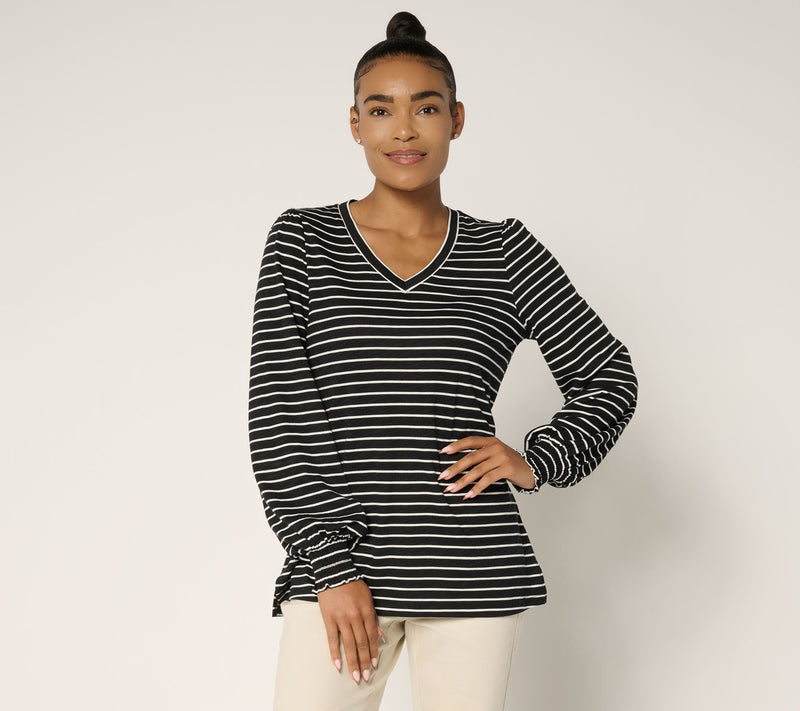 Belle by Kim Gravel Slub Knit Pinstripe V Neck Top — View 12