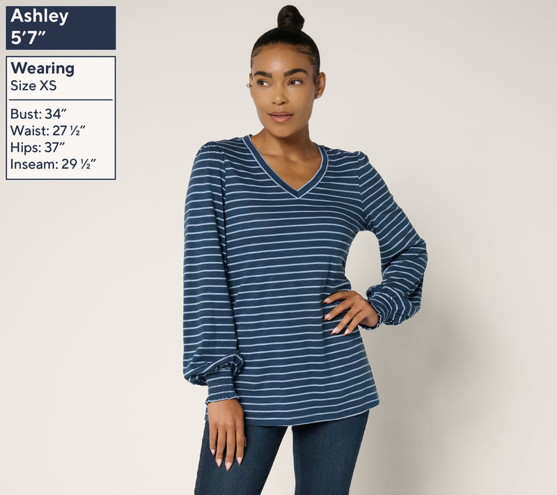 Belle by Kim Gravel Slub Knit Pinstripe V Neck Top — View 2