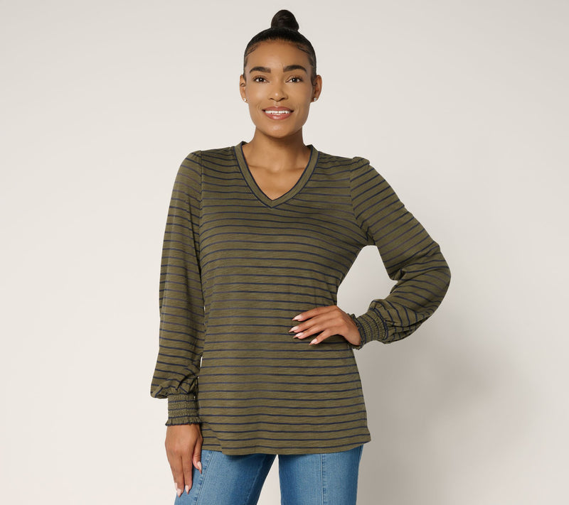 Belle by Kim Gravel Slub Knit Pinstripe V Neck Top — View 14