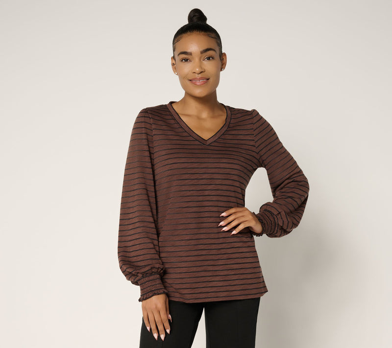 Belle by Kim Gravel Slub Knit Pinstripe V Neck Top — View 15