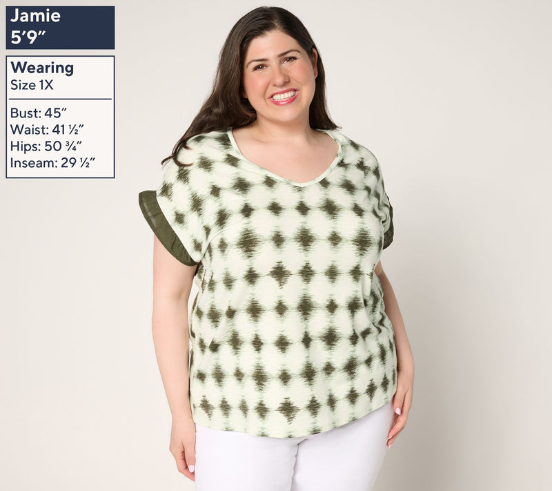 AnyBody Cozy Knit Shibori Basic Tee with Woven Sleeve Detail — View 2