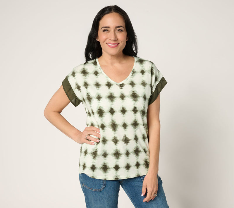 AnyBody Cozy Knit Shibori Basic Tee with Woven Sleeve Detail — View 12