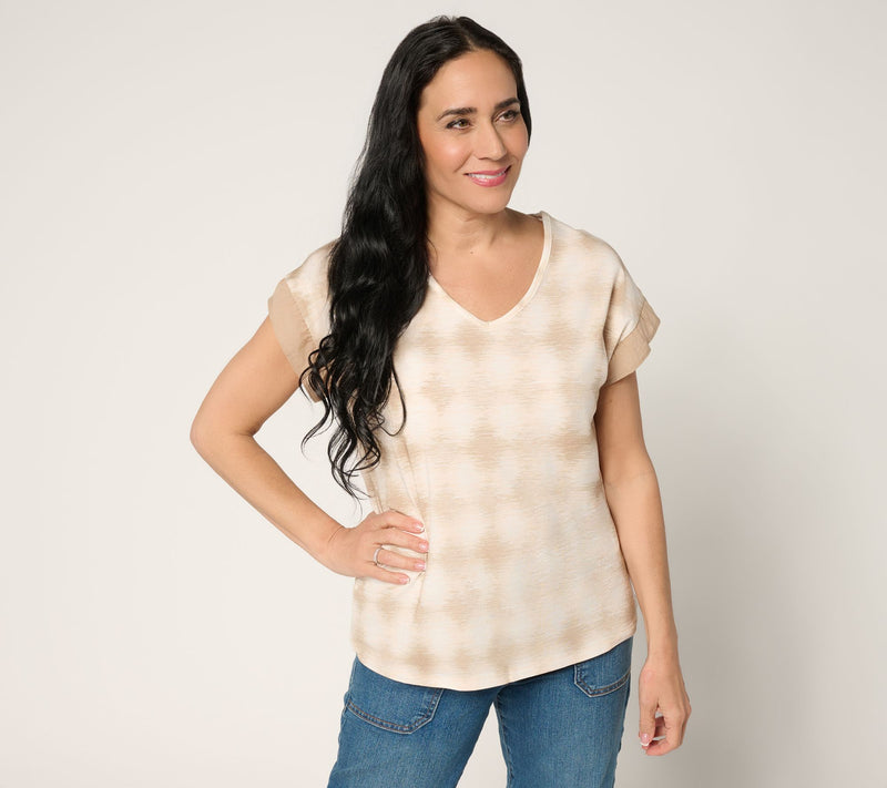 AnyBody Cozy Knit Shibori Basic Tee with Woven Sleeve Detail — View 14