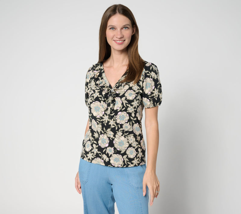 AnyBody Cozy Knit Printed Ruffle Front Top — View 11