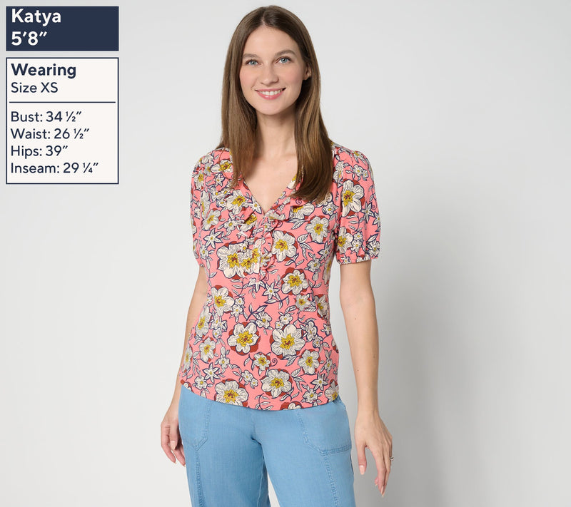 AnyBody Cozy Knit Printed Ruffle Front Top — View 3