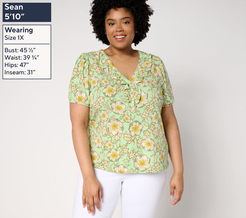 AnyBody Cozy Knit Printed Ruffle Front Top — View 2