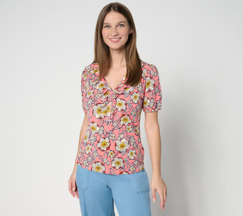 AnyBody Cozy Knit Printed Ruffle Front Top — View 12