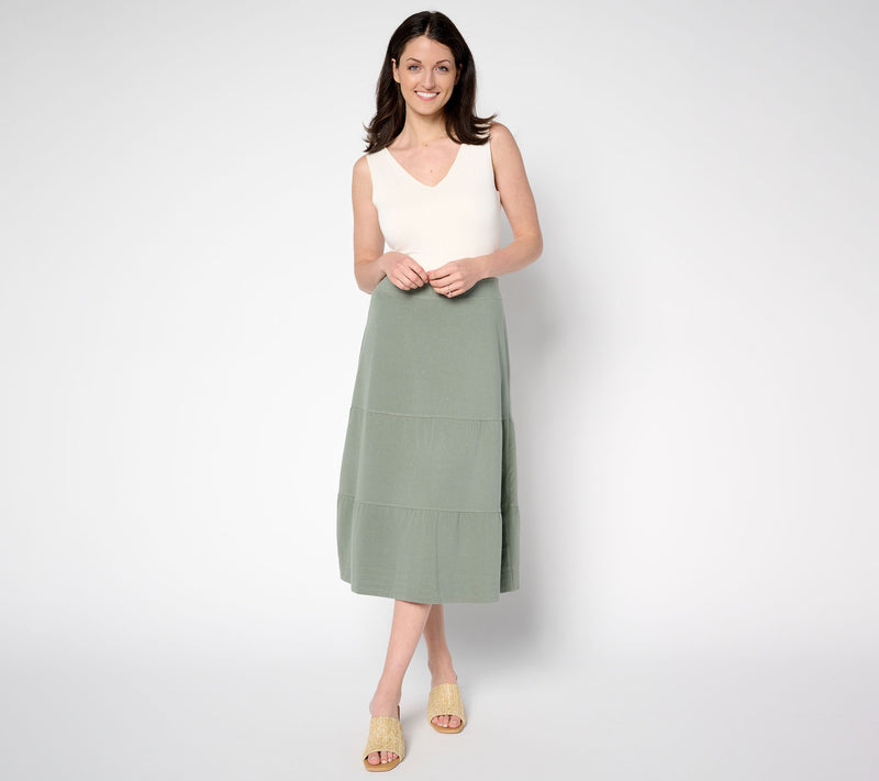 Susan Graver Cool Touch Denim Regular Pull-On Tiered Midi Skirt — View 4