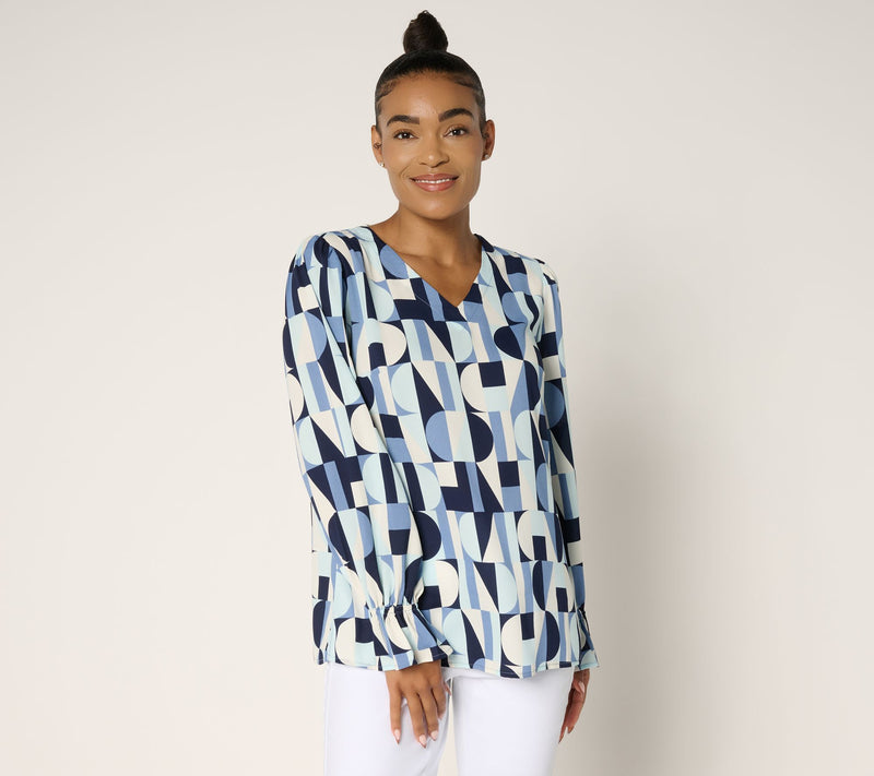 Belle by Kim Gravel Geo Graphic V-Neck Blouse — View 12