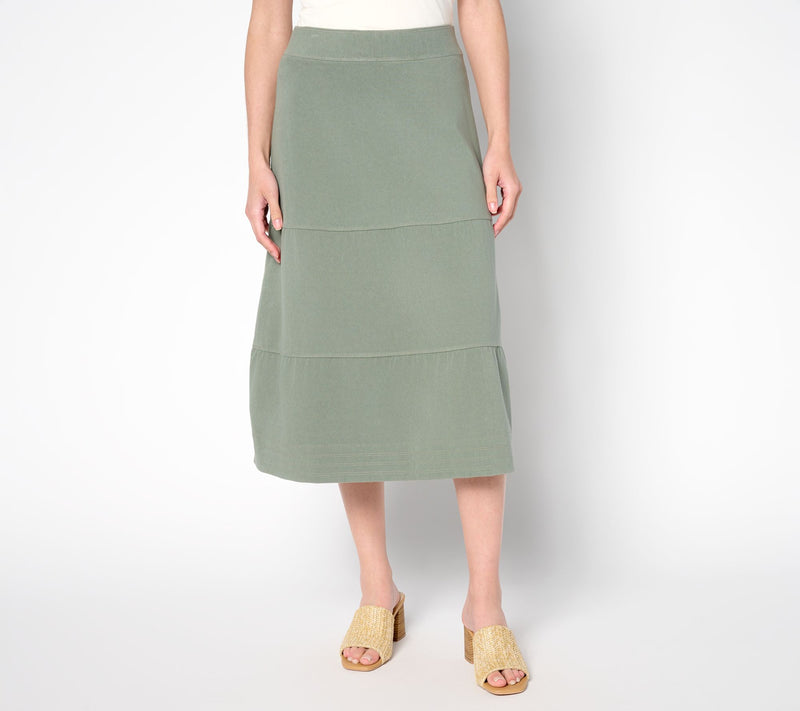 Susan Graver Cool Touch Denim Petite Pull-On Tiered Midi Skirt — Main view