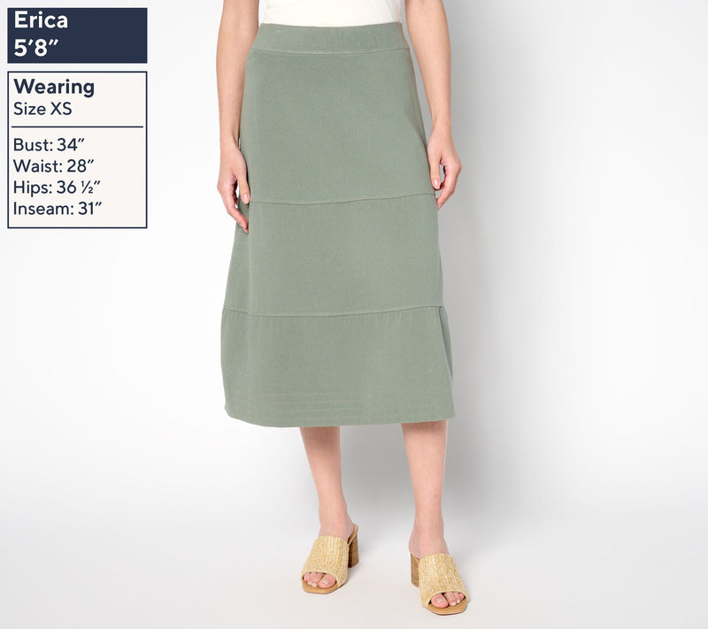 Susan Graver Cool Touch Denim Petite Pull-On Tiered Midi Skirt — View 2