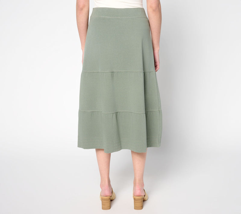 Susan Graver Cool Touch Denim Petite Pull-On Tiered Midi Skirt — View 3