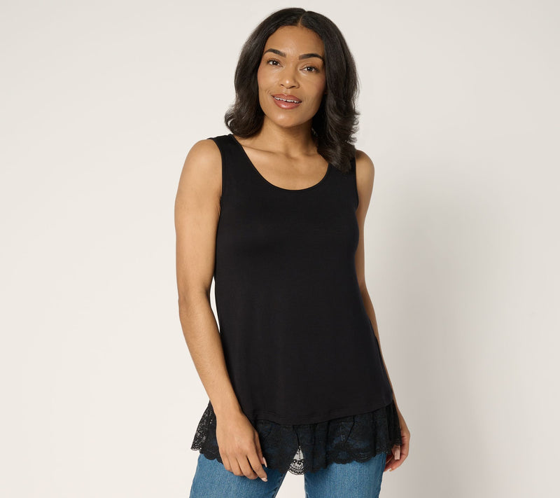 LOGO Layers by Lori Goldstein Knit Tank with Embroidered Mesh Hem — View 13