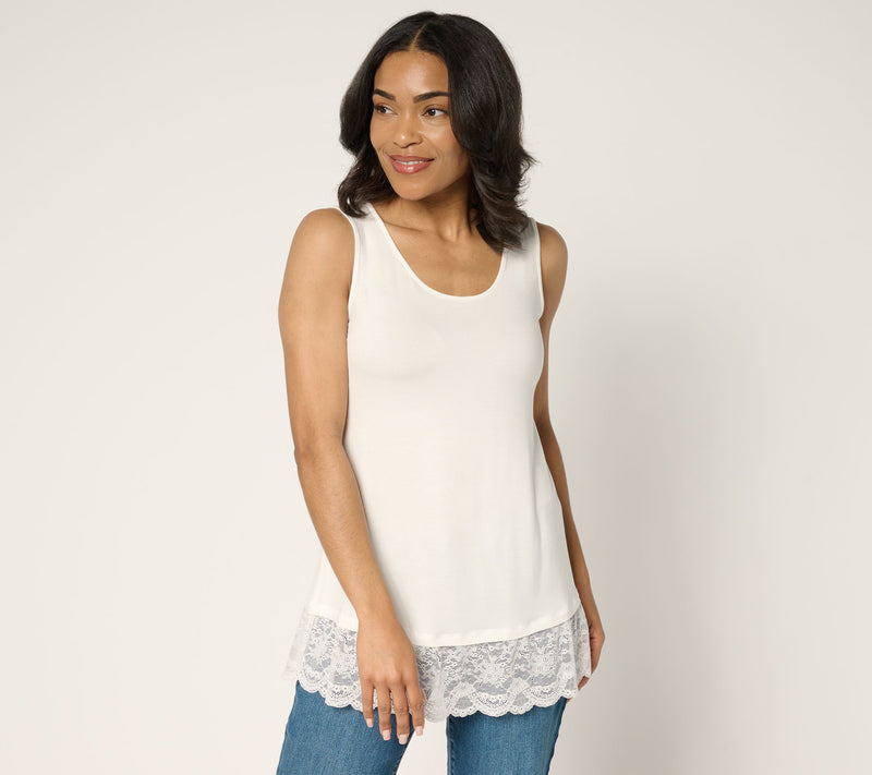LOGO Layers by Lori Goldstein Knit Tank with Embroidered Mesh Hem — View 5
