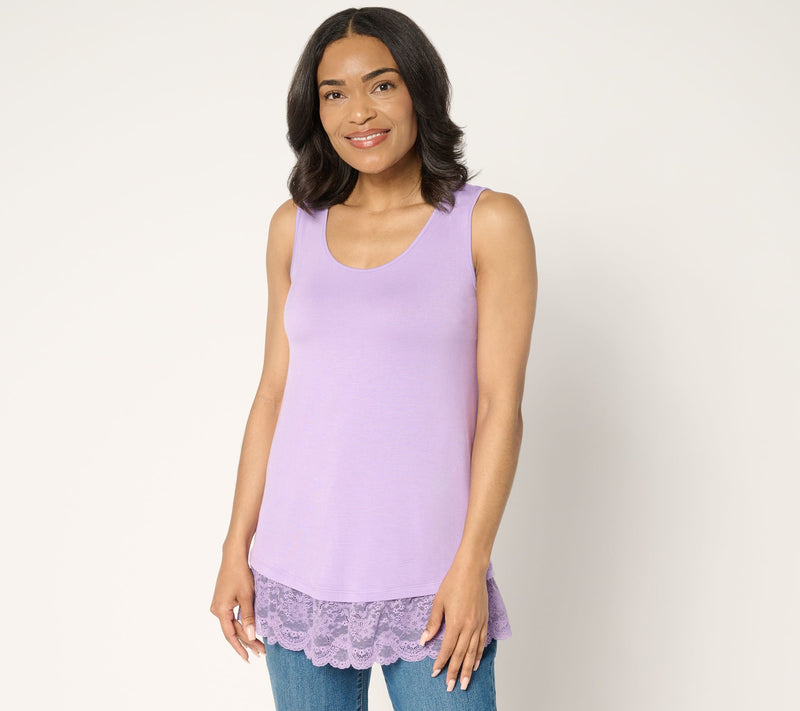 LOGO Layers by Lori Goldstein Knit Tank with Embroidered Mesh Hem — View 3