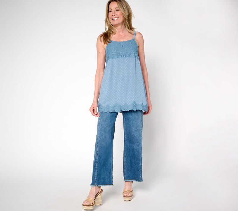 LOGO by Lori Goldstein Woven Clip Dot Tank with Lace Trim — View 5
