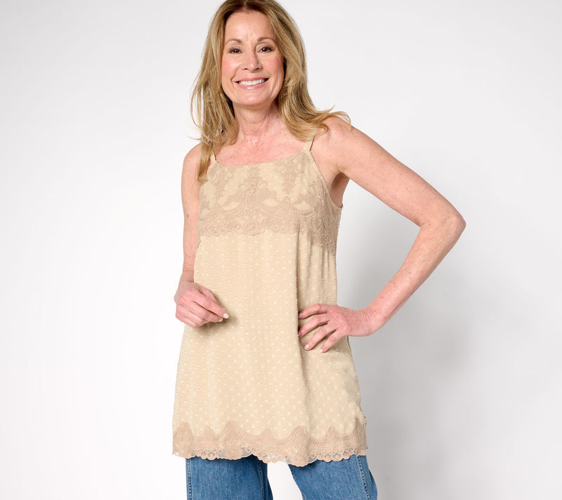 LOGO by Lori Goldstein Woven Clip Dot Tank with Lace Trim — View 13